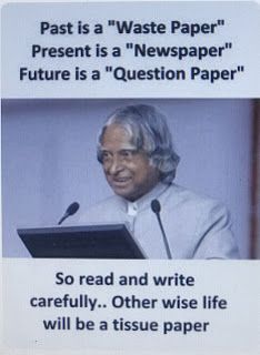 an old man in front of a microphone with the caption past is a waste paper present as a newspaper future is a question paper