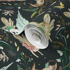 an image of a wallpaper with flowers and fairy characters on it, as well as a roll of paper