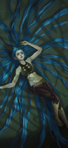 a digital painting of a woman with long blue hair in her body and headdress