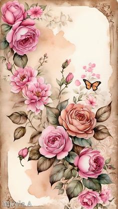 a painting of pink roses and a butterfly