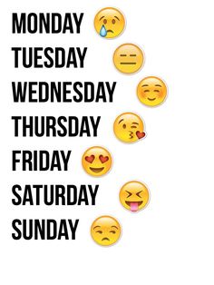 the words monday, wednesday and friday written in different languages with emoticions on them