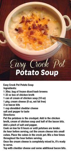 the recipe for easy crock pot potato soup is shown in this screenshot, with instructions to make it