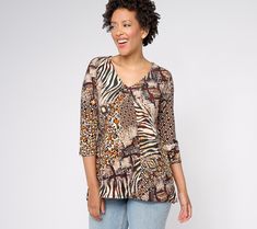 So fresh and so fierce. Add an eye-catching print to your wardrobe with this hi-low hemmed top. From Women with Control®.    Original item is A612919. This product may be a customer return, vendor sample, or on-air display and is not in its originally manufactured condition. It may not be new. In some instances, these items are repackaged by QVC. Fitted Casual Tops With Mixed Print, Casual Fitted Tops With Mixed Print, Multicolor Mixed Print V-neck Top, So Fresh, Low Top, Length Sleeve, Top Blouse, Tops & Tees, V Neck