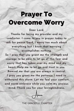 a piece of paper with the words prayer to overcome worry