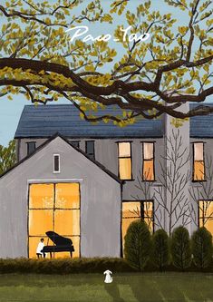 a painting of a person sitting at a piano in front of a house with trees