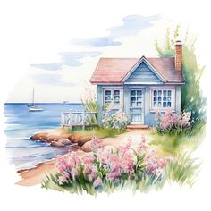 a watercolor painting of a blue house by the ocean with pink flowers in front