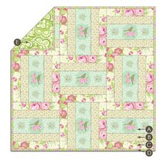 a quilt pattern with pink roses and green squares