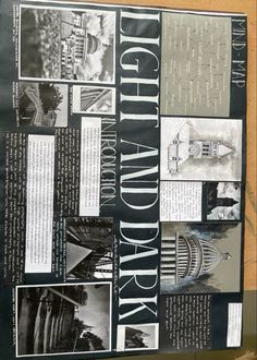 a black and white poster with many different things on it's back side,