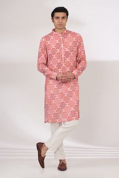 Pink cotton silk kurta with bandhani print and sequins embroidery. Comes with pant. - Aza Fashions Cotton Silk Kurta With Printed Motifs, Chanderi Straight Kurta With Printed Motifs, Designer Chanderi Kurta With Printed Motifs, Cotton Silk Kurta With Printed Motifs In Traditional Drape, Designer Wear Kurta With Bandhani Print And Traditional Drape, Designer Bandhani Print Kurta With Traditional Drape, Cotton Silk Kurta With Printed Motifs For Eid, Festive Cotton Silk Kurta With Printed Motifs, Designer Wear Bandhani Print Kurta For Festive Season