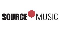 the source music logo is shown in black and white, with red hexagons