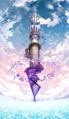 an artistic painting of a tower in the sky with butterflies coming out of it's top