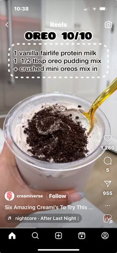 a person is holding a cup with some food in it and the text reads oreo 10 / 10