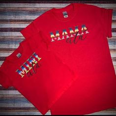 Gildan Red T-Shirt With Serape Design. Adult Small And 4t. Red Crew Neck Top For Playtime, Fun Red T-shirt For Playtime, Fun Red Tops With Letter Print, Family Matching Red Tops With Letter Print, Fun Red T-shirt With Letter Print, Red Graphic Print T-shirt For Family Matching, Red Graphic Print T-shirt For Playtime, Red Graphic Print Casual T-shirt, Red Cotton Tops For Playtime