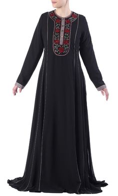 Floral embroidered neckline and sequins buttoned flared abaya dress - EastEssence.com Elegant Long Dress Abaya For Eid, Elegant Black Abaya With Floral Embroidery, Black Long Sleeve Abaya With Floral Embroidery, Black Thobe With Floral Embroidery And Long Sleeves, Black Long Sleeve Thobe With Floral Embroidery, Formal Eid Abaya Maxi Length, Wedding Abaya With Floral Embroidery, Black Abaya With Floral Embroidery, Formal Maxi Length Abaya For Eid