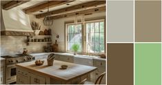 a kitchen with white cabinets and green accents in shades of gray, beige, and brown