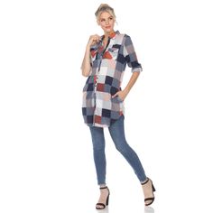 You'll love the relaxed fit and tunic length of this classic button-up shirt that's always ready for the weekend. Our button-front tunic is soft, light, and has an allover yarn-dyed woven plaid pattern. Long sleeves with buttoned cuffs roll and tab to 3/4 length. -Care Instructions: Machine Wash Cold -Material: 100% Polyester Product Specifications: -Full button Front -Collared -Roll tab Sleeves -Side Pockets Plaid Tunic, White Mark, Tunic Shirt, Print Tunic, Tunic Length, Trendy Plus Size, Womens Plaid, Plaid Pattern, Blue Brown