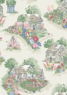 a wallpaper with houses and flowers on it