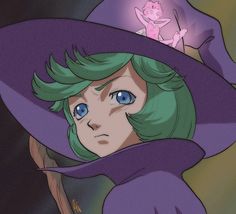 a woman with green hair and blue eyes wearing a purple witches hat while looking at the camera