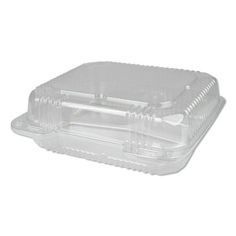 a clear plastic container with two forks in it on a white background and the lid is empty