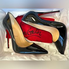 Brand New Pair Of Christian Louboutin So Kate 120 Black Patent Leather Heels Worn Only Once. They Are Coming From A Smoke Free Home. Includes Box, Bag, And Replacement Heel Caps. Designer Patent Leather Heels With 4-inch Heel, Luxury Patent Leather Heels With Branded Insole, Luxury Patent Leather High Heels, Luxury Patent Leather Court Shoes For Evening, Business Heels With Red Sole In Patent Leather, Chic Red Sole Heels For Formal Occasions, Chic Formal Heels With Red Sole, Luxury Patent Leather Almond Toe Heels, Luxury Patent Leather Heels With Red Sole