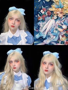 Alice Cosplay Wonderland, Alice In Wonderland Makeup Looks, Alice In Wonderland Alice Makeup, Halloween Ideas For Blondes, Halloween Makeup Scary Doll, Alice In Wonderland Inspired Makeup, Alice In Wonderland Makeup Ideas, Blond Cosplay, Alice Makeup