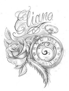 a rose and clock tattoo design with the word equine written in cursive writing