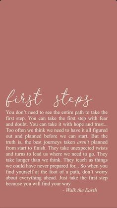 a pink background with the words first steps written in cursive writing on it