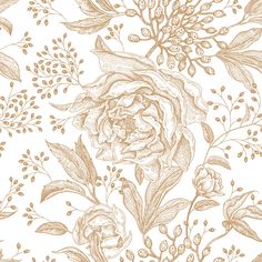 an old fashioned wallpaper with flowers and leaves on it, in gold foiling