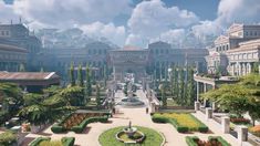 an image of a beautiful garden in the middle of a city with lots of trees