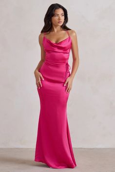 Lifetime Fuchsia Pink Satin Cowl Neck Maxi Dress With Cross Back Det – Club L London - USA Hot Pink Satin Dress, Hot Pink Bridesmaids, Cowl Neck Maxi Dress, Barbie Pink Dress, Midi Bridesmaid Dress, Pink Satin Dress, Pink Long Dress, Pink Silk Dress, Pink Formal Dresses