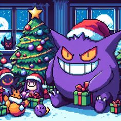 an animated christmas scene with a purple cat