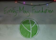 a green and white sign that says envis - may foundation with lights in the background