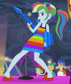 the pony is singing into a microphone while holding a rainbow - colored guitar in her hand