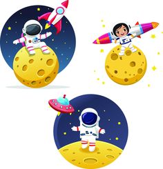 three cartoon images of an astronaut on the moon, one with a rocket and another with a space shuttle