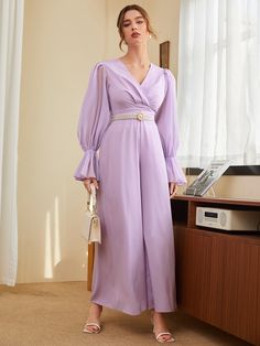 Lilac Purple Elegant  Long Sleeve Polyester Plain Culottes Embellished Non-Stretch Spring Women Jumpsuits & Bodysuits Shein Jumpsuits For Women, Purple Long Sleeve Palazzo Set For Festive Occasion, Long Sleeve Purple Palazzo Set For Diwali, Hijab Jumpsuit Party, Festive Purple Long Sleeve Palazzo Set, Purple Semi-stitched Palazzo Set For Eid, Purple Jumpsuit Outfit, Elegant Purple Long Sleeve Palazzo Set, Lilac Jumpsuit