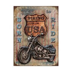 a metal sign with a motorcycle and the words,'biking to the usa '