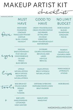 professional makeup kit essential. here is a makeup artist kit check list for beginners! building your pro makeup kit on a budget! check out my blog for more makeup artist freelance tips! hadasholland.com #hadasholland #makeupkit #promakeupkit #makeupartist Makeup Studio Must Haves, Makeup Artist Product List, Tips For Makeup Artists, Makeup Beginner Tips, Mua Business Tips, Makeup Kit Essentials Professional, Beginner Makeup Artist Tips, Makeup Essentials For Beginners List