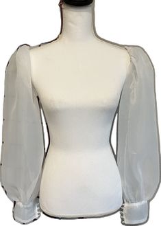 Fitted Bishop Sleeve Blouse For Evening, Elegant Blouse With Sheer Puff Sleeves, Fitted Party Blouse With Bishop Sleeves, Fitted Bishop Sleeve Party Blouse, Elegant Blouse With Sheer Balloon Sleeves, Formal Blouse With Sheer Lantern Sleeves, Evening Blouse With Sheer Lantern Sleeves, Fitted Balloon Sleeve Party Blouse, Formal Fitted Blouse With Sheer Sleeves