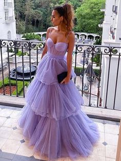 Open Back tti Straps Lilac Tulle Layered Long Prom Dresses, Purple Tulle Formal Evening Dresses Tiered Dress Formal, Gaun Tulle, Winter Formal Dresses, Spaghetti Strap Prom Dress, Tulle Ball Gown, Prom Dresses Vintage, Long Prom Dresses, Prom Dresses Online, فستان سهرة