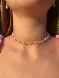 Delicate Pink Flower Choker, Cute Flower Beaded Necklace 14k Gold Pink Necklace Valentine’s Day gift for her women pink daisy for girlfriend Dainty Pink Beaded Necklaces For Gifts, Pink Beaded Flower-shaped Jewelry, Dainty Pink Beaded Necklace For Gift, Pink Beaded Necklace With Flower Pendant, Delicate Pink Jewelry With Tiny Beads, Flower-shaped Tiny Beads Necklace, Pink Flower Necklaces With Tiny Beads, Pink Beaded Flower Pendant Jewelry, Pink Flower Necklace With Tiny Beads