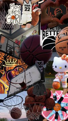 a collage of sports related items including basketballs and hello kitty dolls are featured in this image