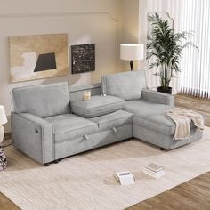 a living room scene with focus on the corner sofa and ottoman, along with an area rug