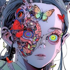 a girl with butterflies on her face and butterfly's around her eyes, looking at the camera