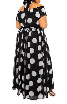 Mod polka dots add charming retro allure to this maxi dress designed with a halter neck and off-the-shoulder styling for a flirty touch of skin. Slips on over head Decorative front button closure Halter neck Off-the-shoulder short sleeves Partially lined 100% polyester Hand wash, line dry Imported Chic Polka Dot Maxi Dress, Maxi Dress Designs, Halter Maxi Dress, Halter Maxi, Halter Maxi Dresses, Long Shirt Dress, Long Sleeve Shirt Dress, Shop Maxi Dresses, Floral Dress Black