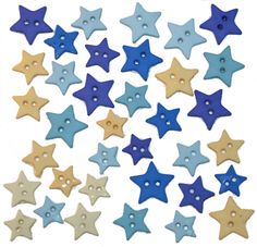 small blue and yellow stars are arranged in the shape of buttons on a white background