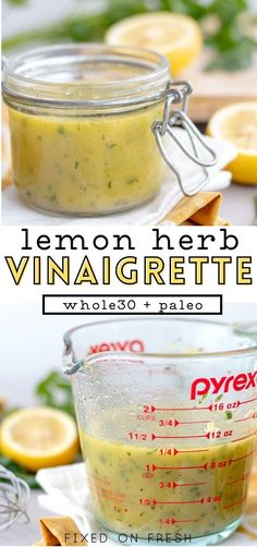 lemon herb vinaigrette in a glass measuring cup