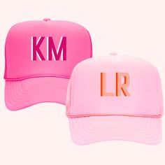 Shadow Monogram Trucker Hat, Customized caps, Squad Trucker cap, Party Matching trucker caps, Bridesmaid hats, Bride Squad Caps These personalized Trucker Hats are a great gift to liven up your bachelorette weekend. Bride wears her white hat and her girls each wear a beautiful light pink hat. Here at KinzMarieCo we treat our clients like family. If you're looking for a beautiful personalized gift for someone in your bridal party,  KinzMarieCo is here to work out every detail with you to make you Hats For Bachelorette Party, Initial Trucker Hat, Bachelorette Trucker Hat Ideas, Trucker Hats Bachelorette, Customizable Pink Trucker Hat, Preppy Trucker Hat, Bachelorette Hat Ideas, Personalized Trucker Hat, Bachelorette Trucker Hats