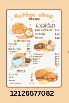 a menu for coffee shop with breakfast items