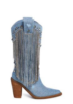 cuz bless your heart. These cowboy boots have a vegan leather construction, rhinestone fringe detailing, jewel studs, and side zipper closures. Denim And Diamonds Outfit Ideas, Denim Diamonds Theme Outfit, Denim Cowgirl Outfit, Denim And Diamonds Party Outfit, Adult Prom, Denim Cowgirl, Cowgirl Photoshoot, Denim Rhinestone, Fringe Cowboy Boots