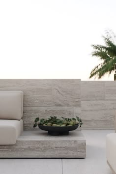 a couch sitting on top of a white floor next to a bowl filled with plants